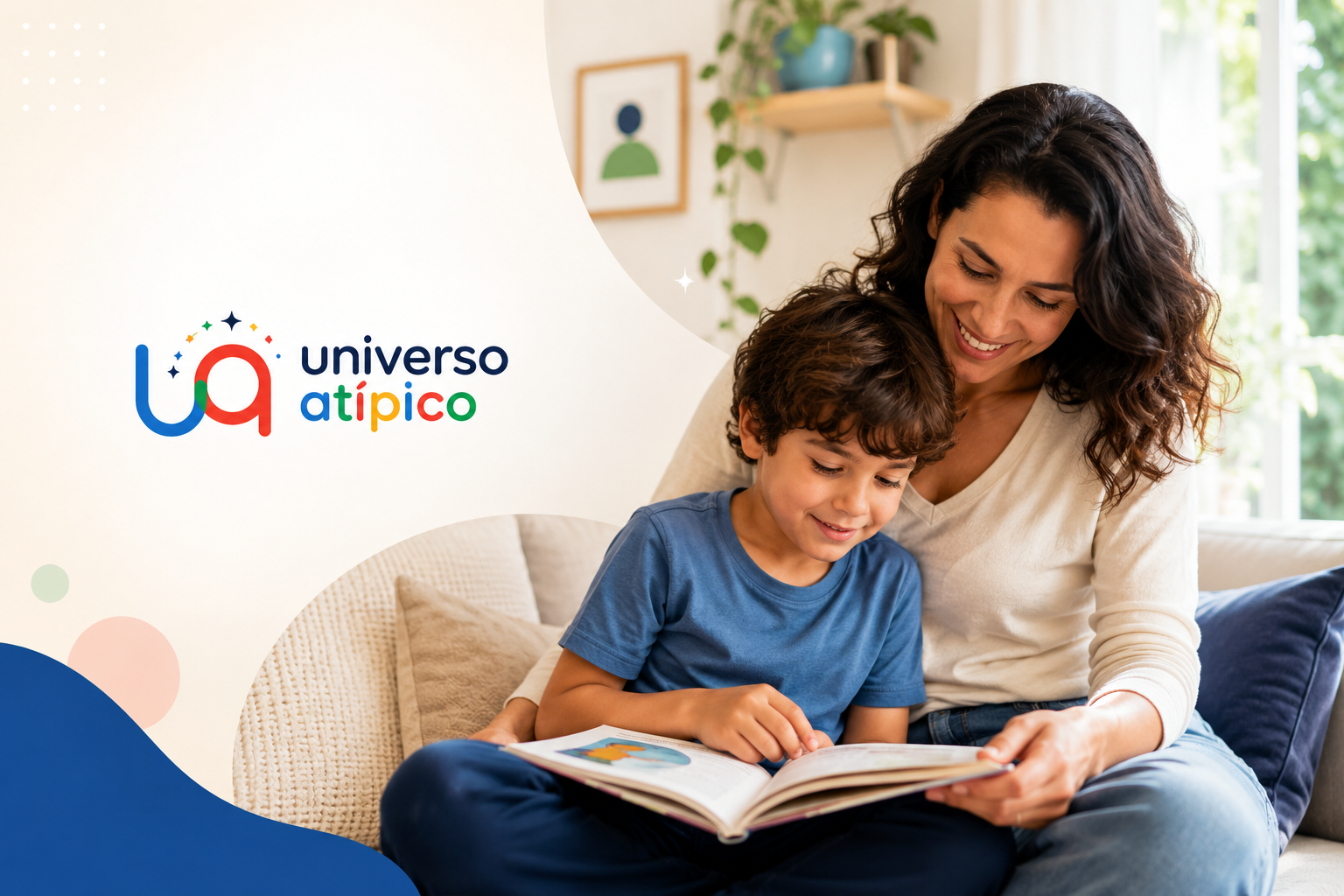 Mãe e criança lendo um livro juntos em um sofá, em um ambiente acolhedor e iluminado