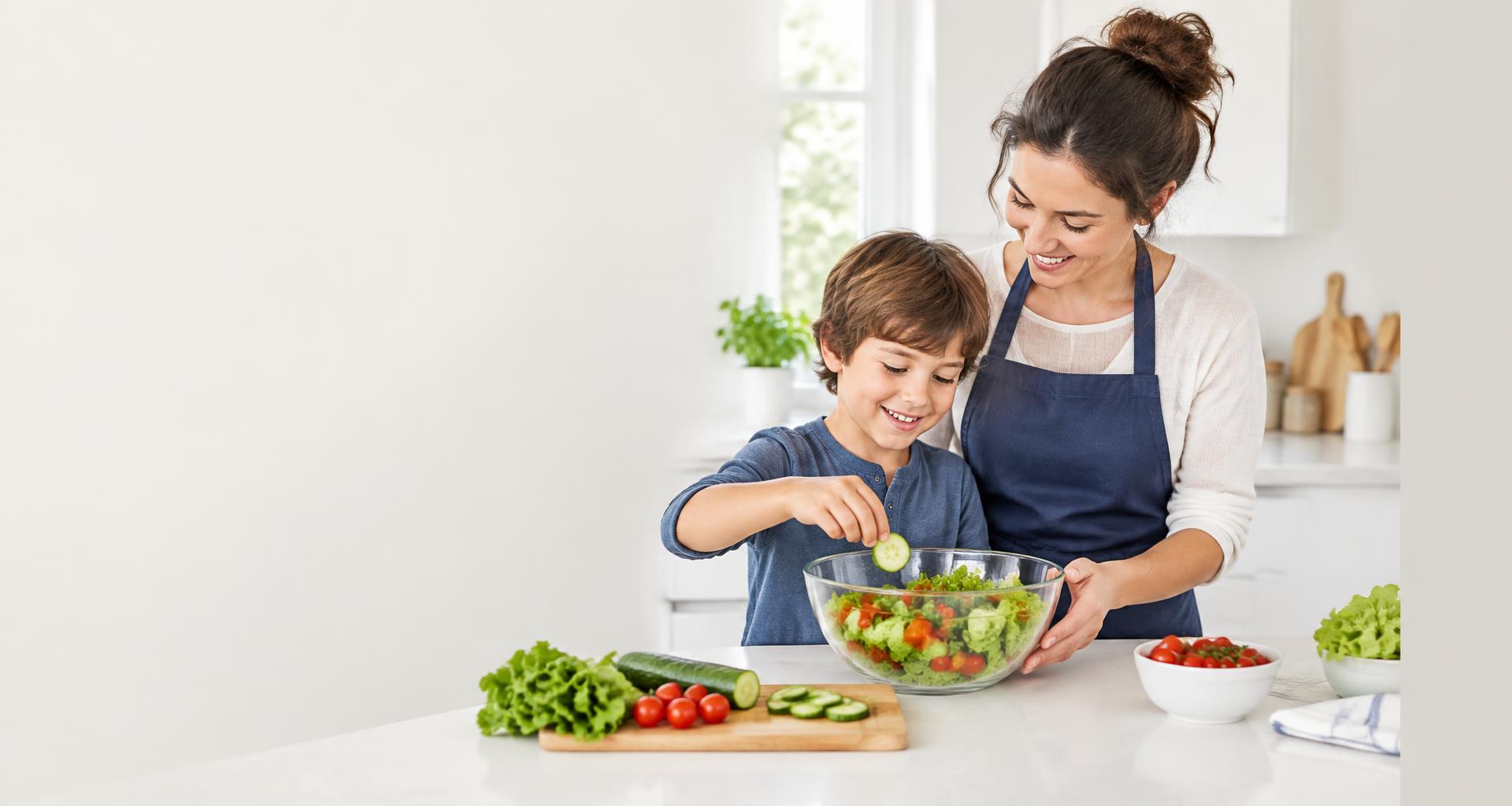 Uma mulher e uma criança preparando uma salada juntas em casa