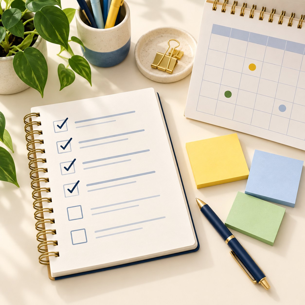 Caderno de planejamento e calendário sobre uma mesa, ao lado de plantas